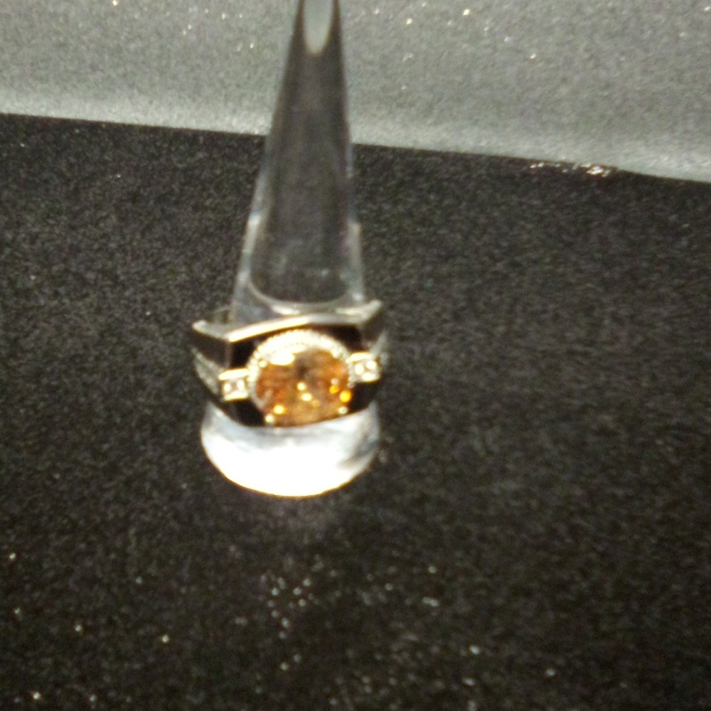 Stimulated champagne and white diamond men's ring in silvertone